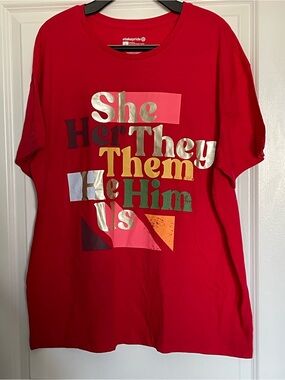Target Red Short Sleeve Tee with Metallic Gold and Multicolor Pronoun Print-XL